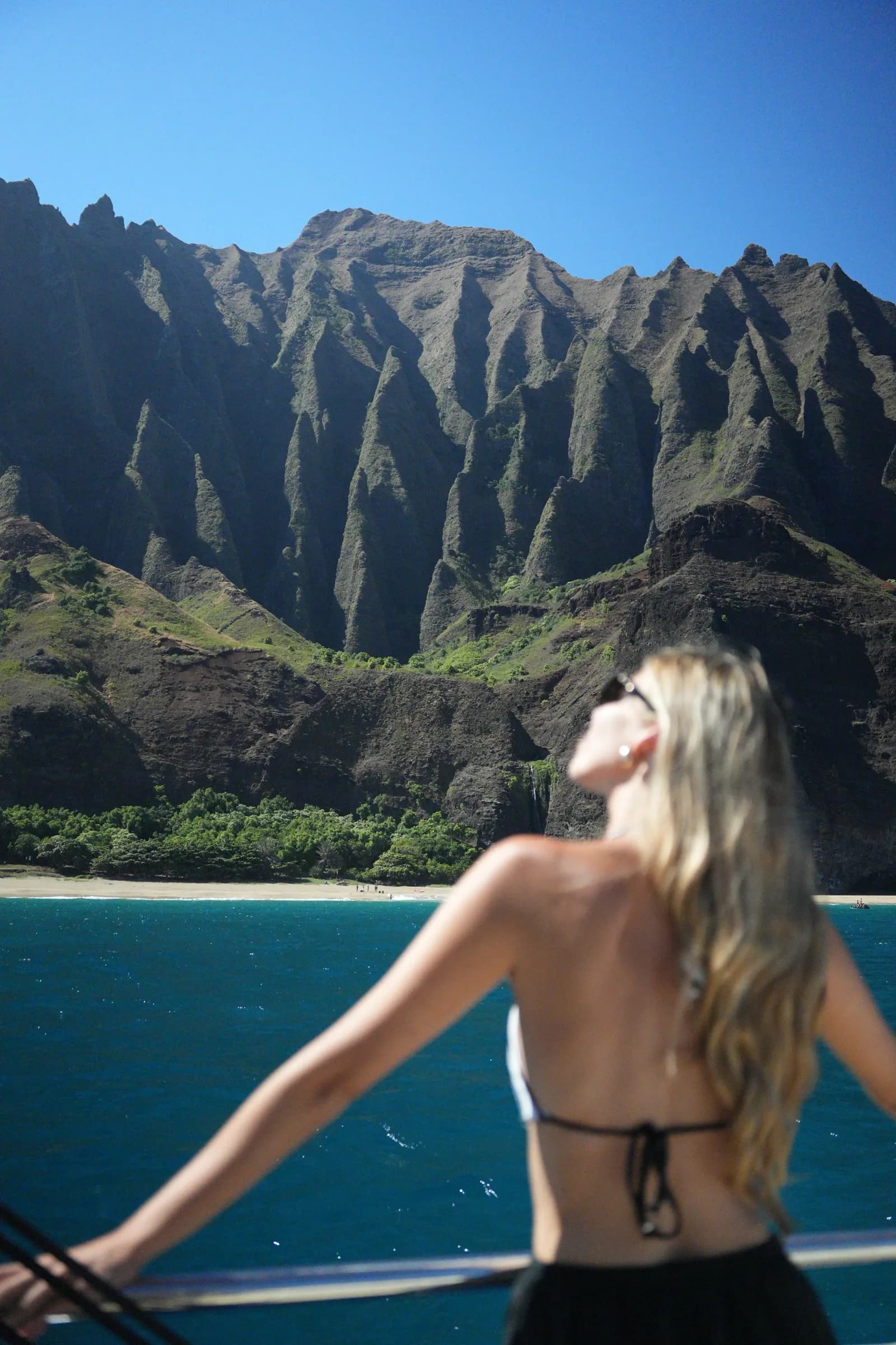 Looking out at the Nā Pali Coast cliffs from a boat, Kauai, Hawaii