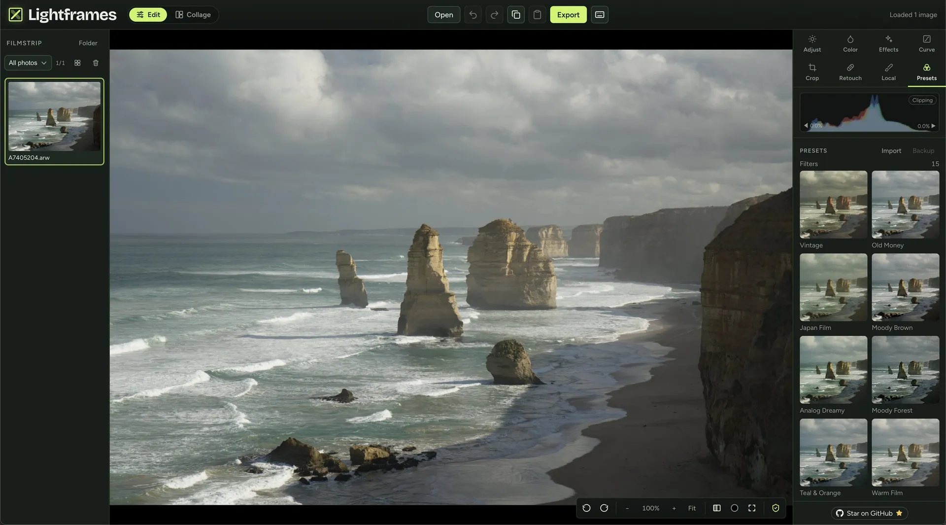Lightframes editor in the browser with a RAW photo of a coastline open, the filmstrip on the left and the presets panel on the right