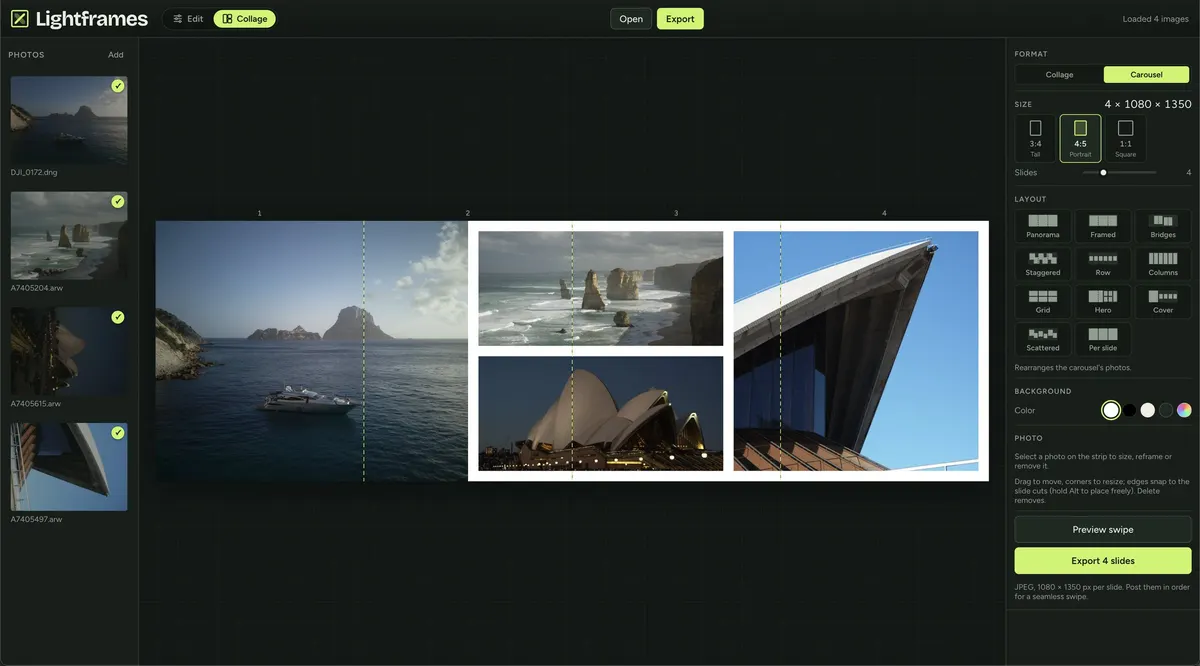 Lightframes carousel mode splitting a panorama and three photos across four 4:5 slides for a seamless swipe post